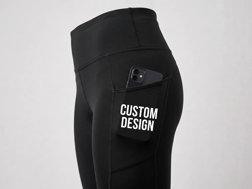 Black activewear leggings with deep side phone pockets and CUSTOM DESIGN printed on the pocket