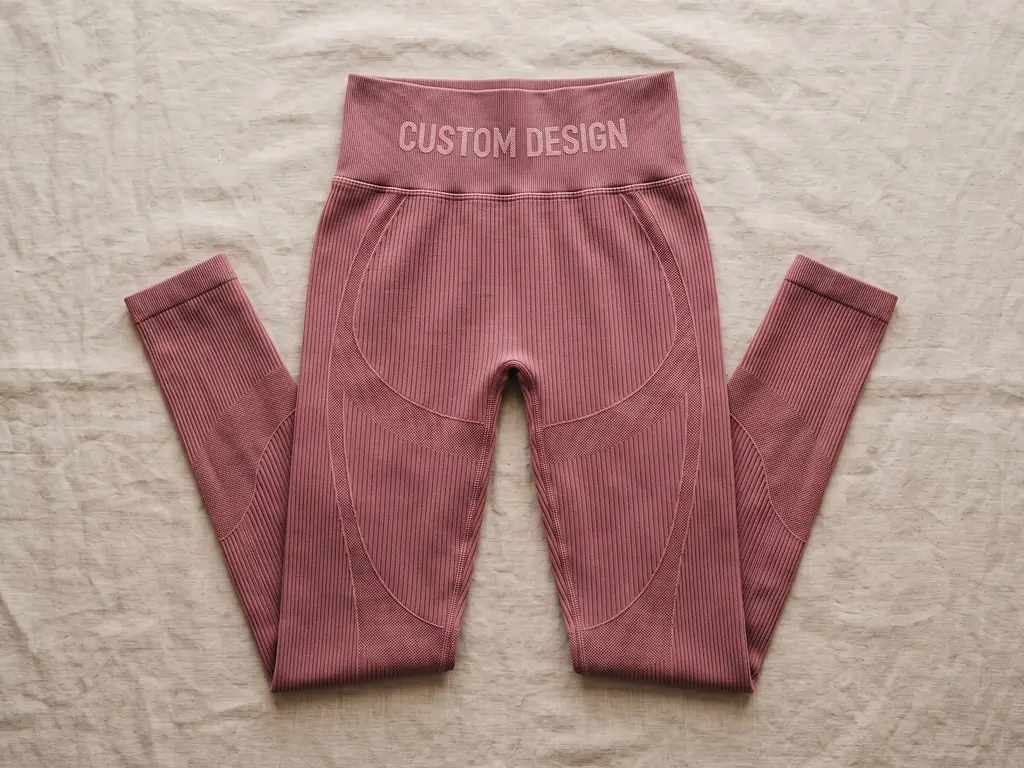 Seamless ribbed leggings in dusty rose with contour knit zones and a CUSTOM DESIGN waistband