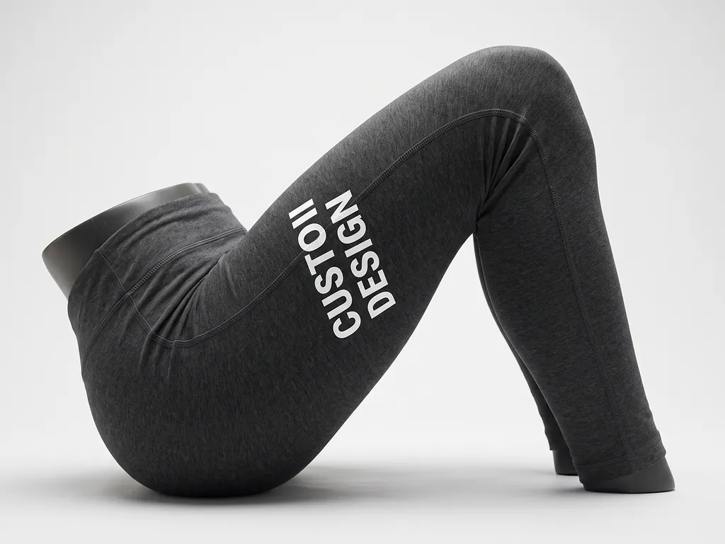 Squat-proof charcoal gym leggings with a CUSTOM DESIGN thigh print, stretched to show opaque fabric