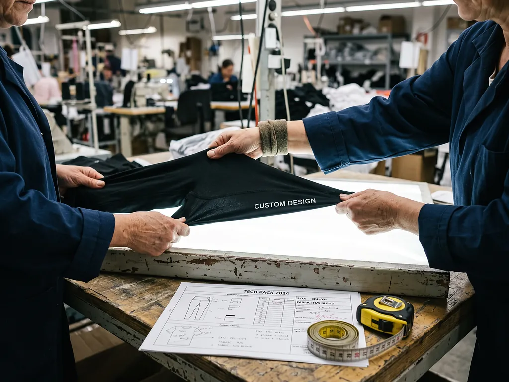 Hands stretching sports leggings fabric over a light panel to check opacity against the tech pack during inspection