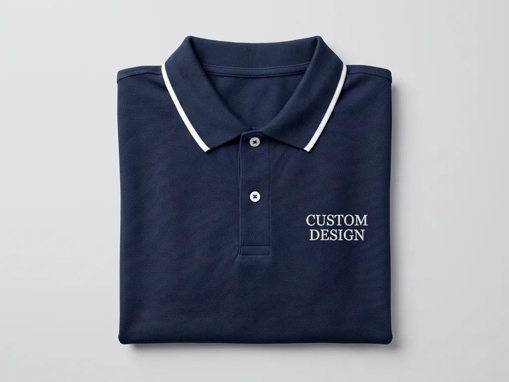 Navy pique polo shirt with a white CUSTOM DESIGN left-chest embroidery, folded flat