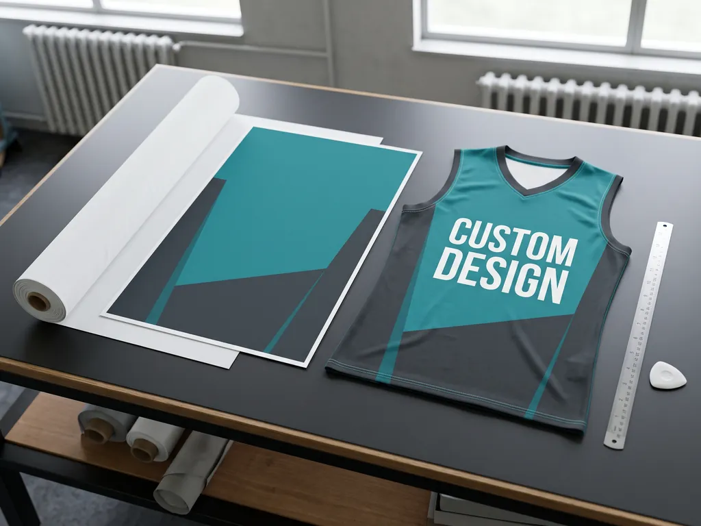 Printed artwork sheet beside a finished teal and charcoal sublimated volleyball jersey on a design table
