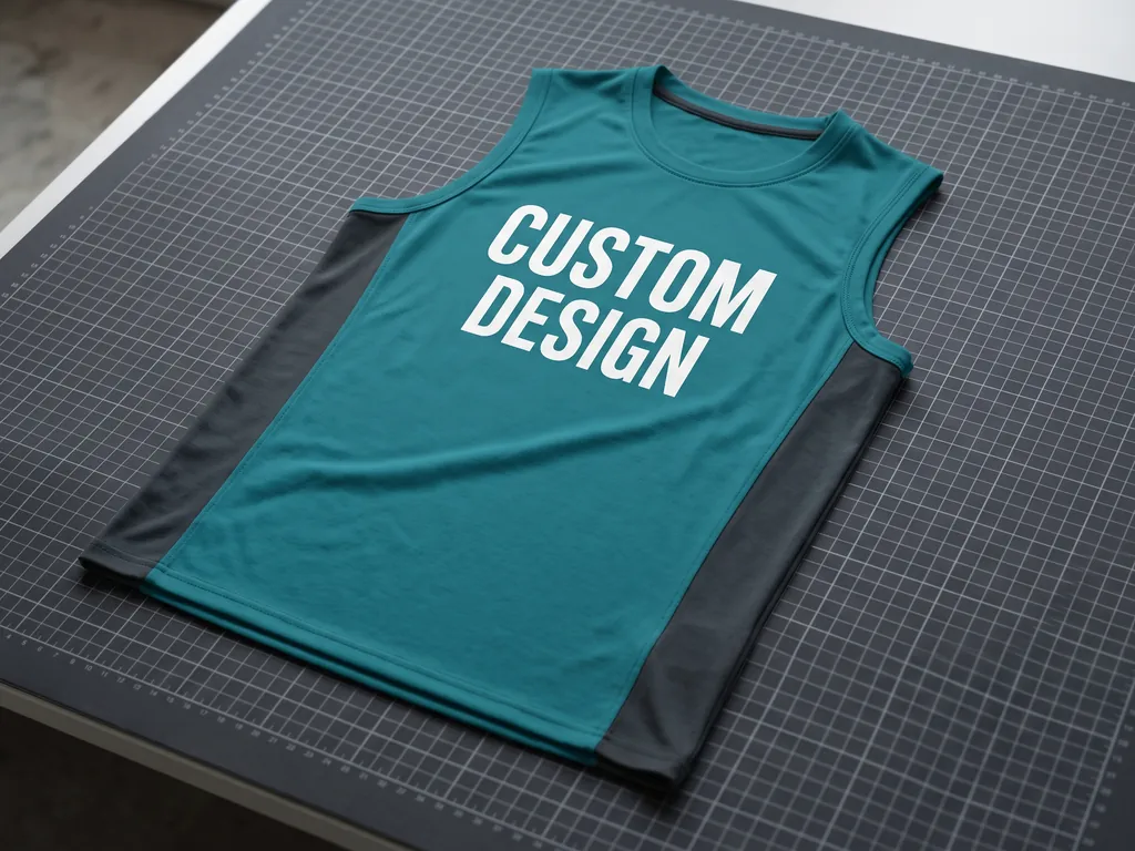 Custom sleeveless volleyball jersey in teal and charcoal with a CUSTOM DESIGN chest print, laid on a cutting mat