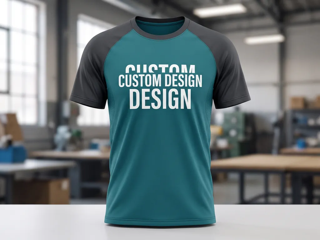 Short-sleeve dry-fit volleyball shirt in teal with charcoal raglan sleeves and a CUSTOM DESIGN chest print