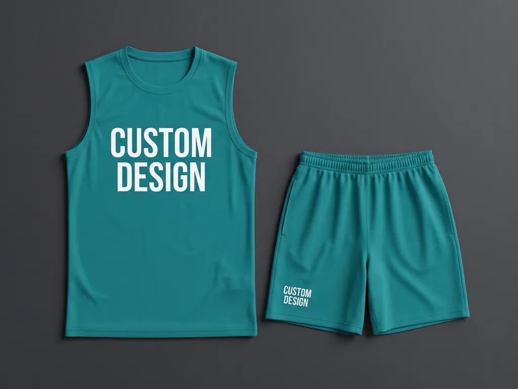 Matching teal volleyball jersey and shorts kit laid side by side, cut and printed from one dye lot
