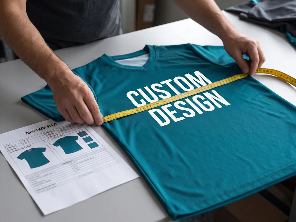 Hands measuring the chest width of a finished teal volleyball jersey against a printed tech-pack spec sheet