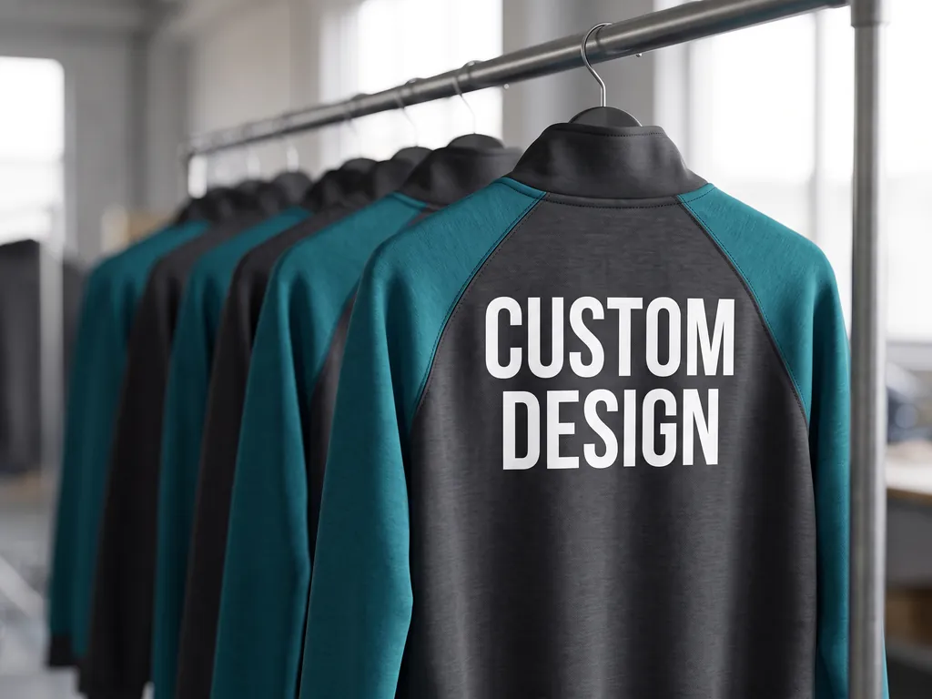 Row of teal and charcoal volleyball warm-up jackets on a factory rail with a CUSTOM DESIGN back print
