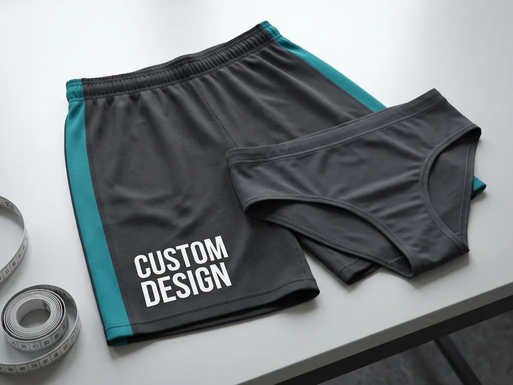 Charcoal volleyball shorts with teal side panels and matching spandex briefs, laid flat beside a tape measure