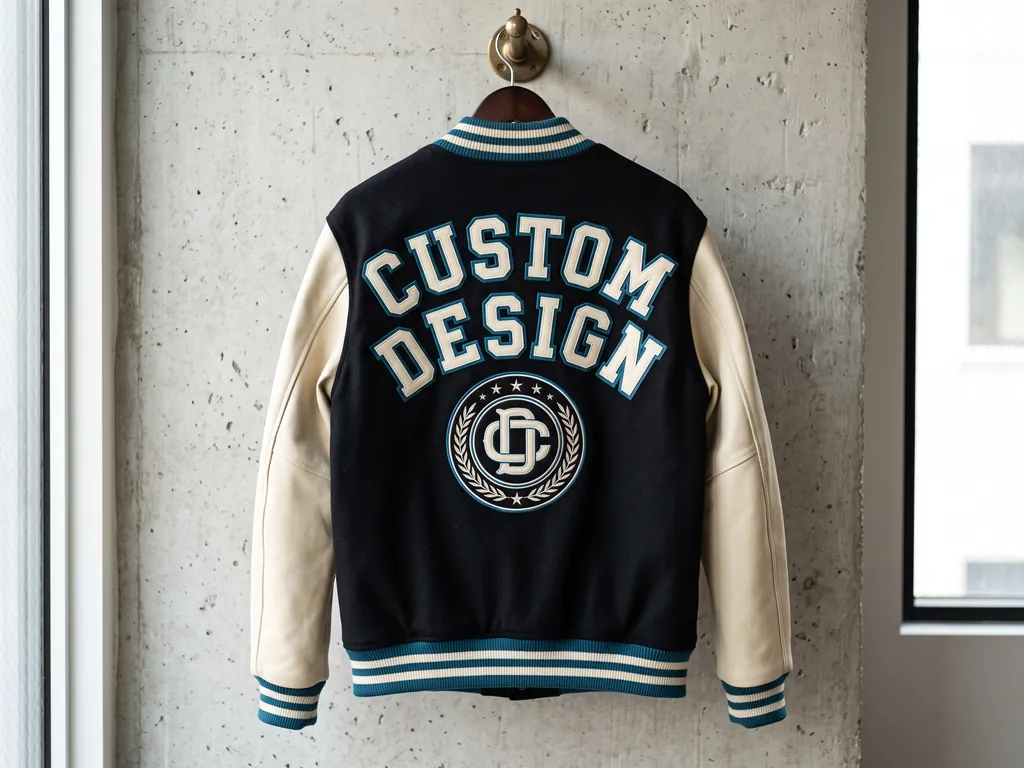 Back of a custom embroidered varsity jacket with large CUSTOM DESIGN applique lettering