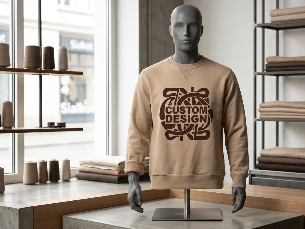 French terry crewneck sweatshirt with a ribbed collar and a bold CUSTOM DESIGN chest print