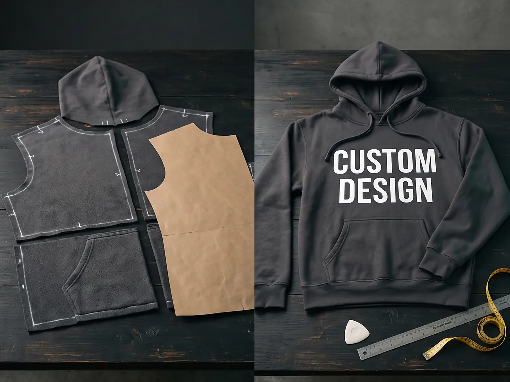 Cut fabric panels and a paper pattern beside a finished charcoal garment with a CUSTOM DESIGN print, showing the cut and sew process