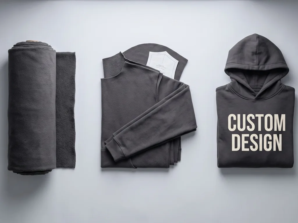 Fabric roll, cut fleece panels and a finished custom hoodie showing what a streetwear manufacturer builds from scratch