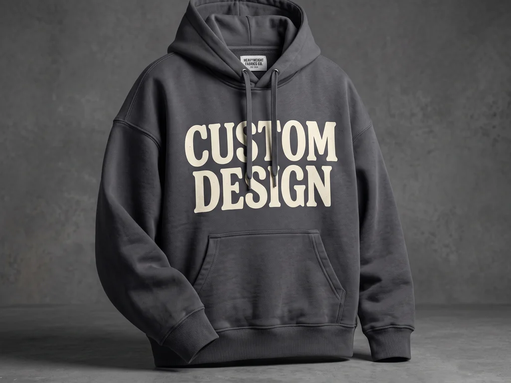 Custom heavyweight charcoal fleece hoodie with a bold CUSTOM DESIGN chest print, made by a streetwear manufacturer