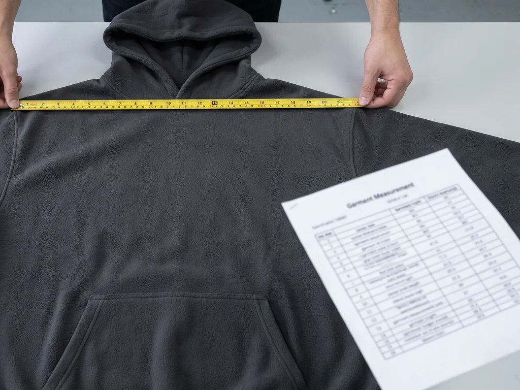 Hands measuring the chest width of a finished streetwear hoodie against a tech pack during inspection