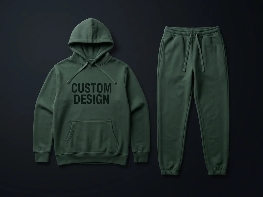 Matching fleece tracksuit hoodie and joggers laid side by side, cut from a single dye lot