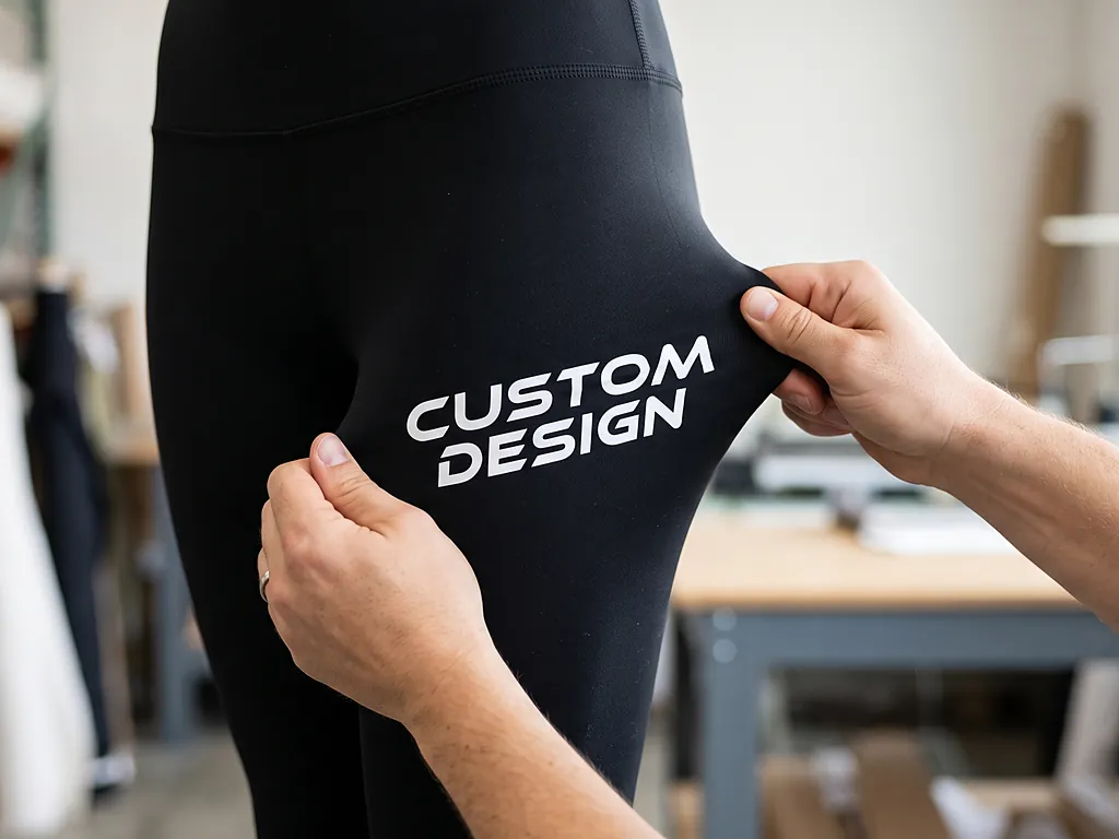 Stretch heat transfer vinyl CUSTOM DESIGN logo on black activewear leggings pulled taut to show flex