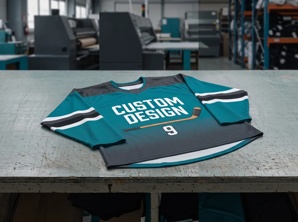 Custom sublimated ice hockey jersey with a bold CUSTOM DESIGN chest crest laid flat on a cutting table