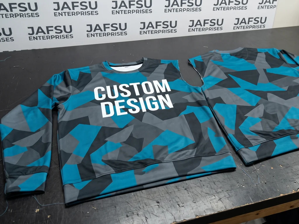 All over print sweatshirt front and back on the cutting table, teal and grey camo running across every panel with a CUSTOM DESIGN chest print