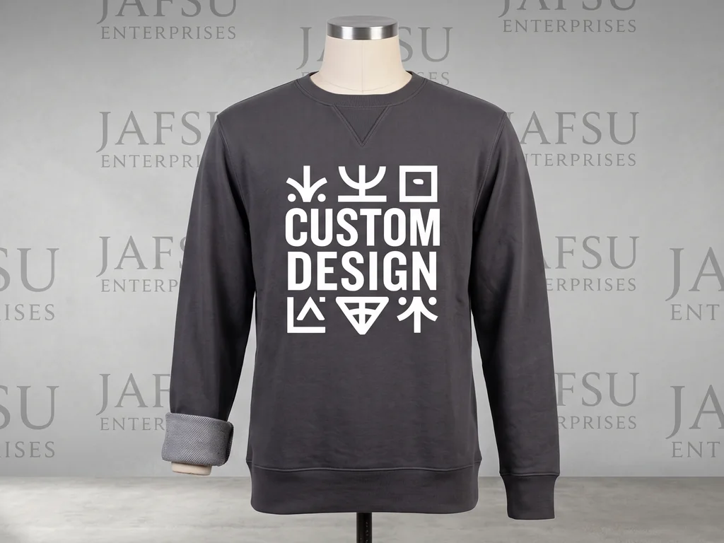 Charcoal French terry crewneck sweatshirt on a mannequin with a ribbed V-insert collar and a white CUSTOM DESIGN chest print
