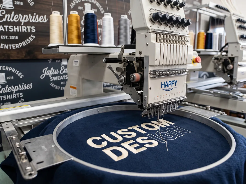 Multi-head embroidery machine part-way through stitching a CUSTOM DESIGN logo onto a navy fleece sweatshirt in the hoop