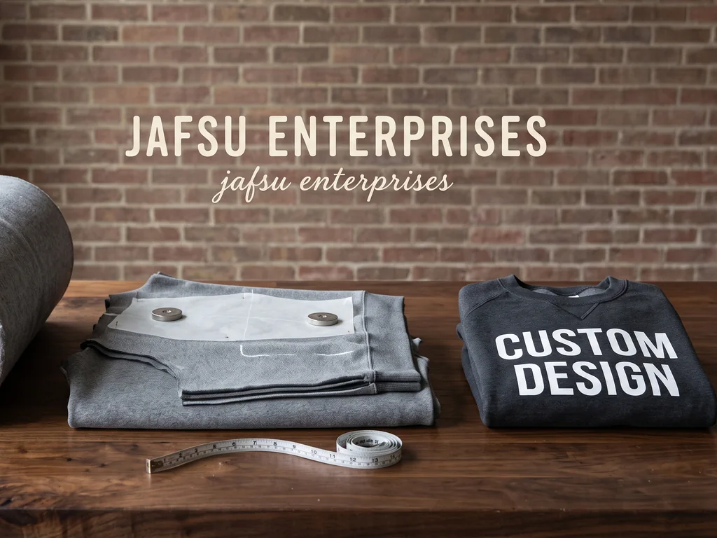 Cut fleece sweatshirt panels with a paper pattern on top, beside the finished custom sweatshirt carrying a CUSTOM DESIGN chest print