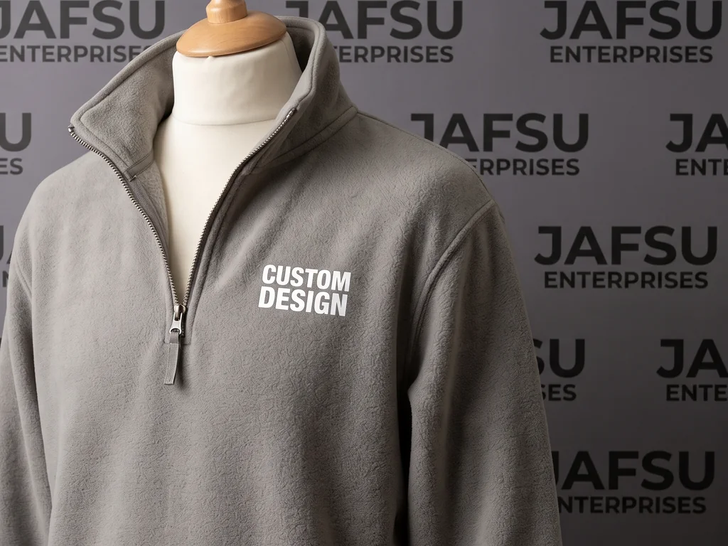 Grey fleece half-zip sweatshirt on a mannequin with a stand collar, metal zip and a small CUSTOM DESIGN left-chest print