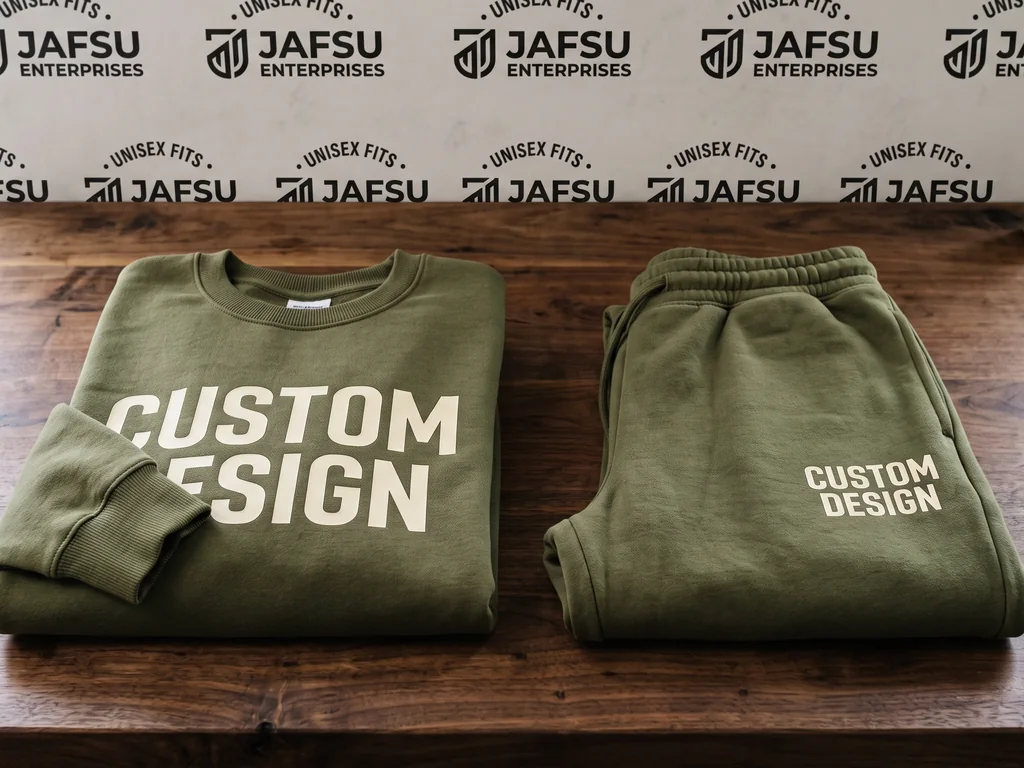 Matching olive sweatshirt and joggers cut from one dye lot, both carrying CUSTOM DESIGN prints, folded side by side
