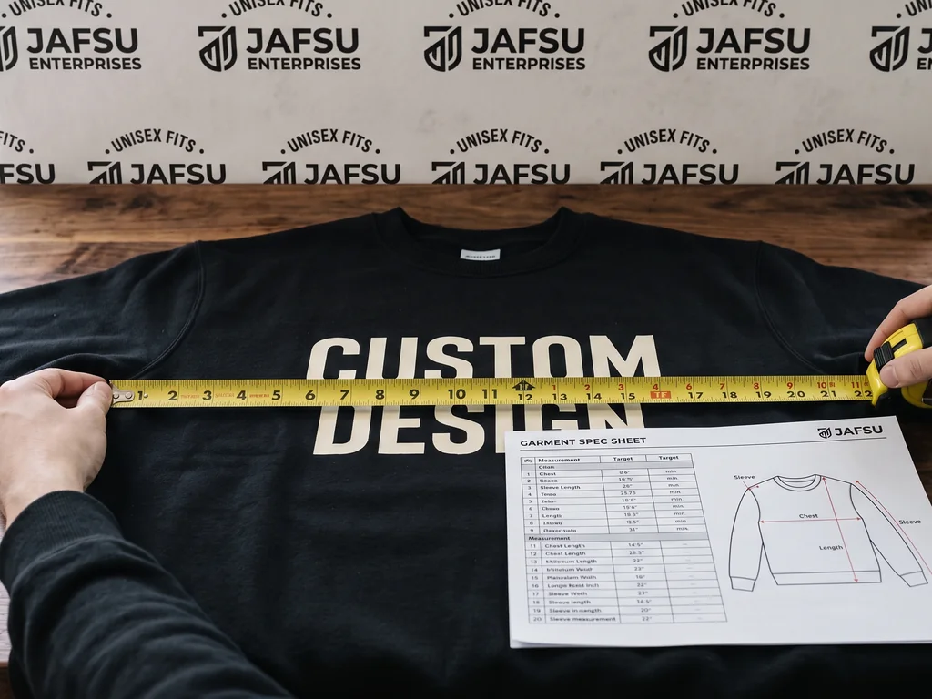 Chest width of a finished black CUSTOM DESIGN sweatshirt measured with a tape beside a printed garment spec sheet