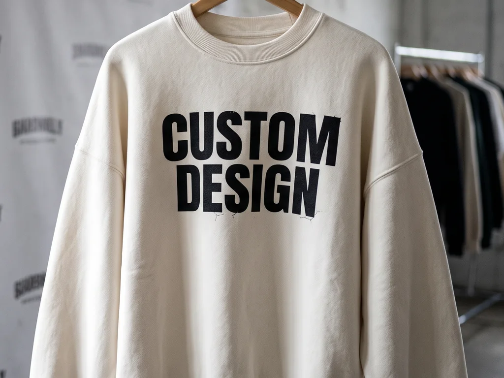 Cream oversized boxy sweatshirt hanging on a rail with a bold black CUSTOM DESIGN chest print