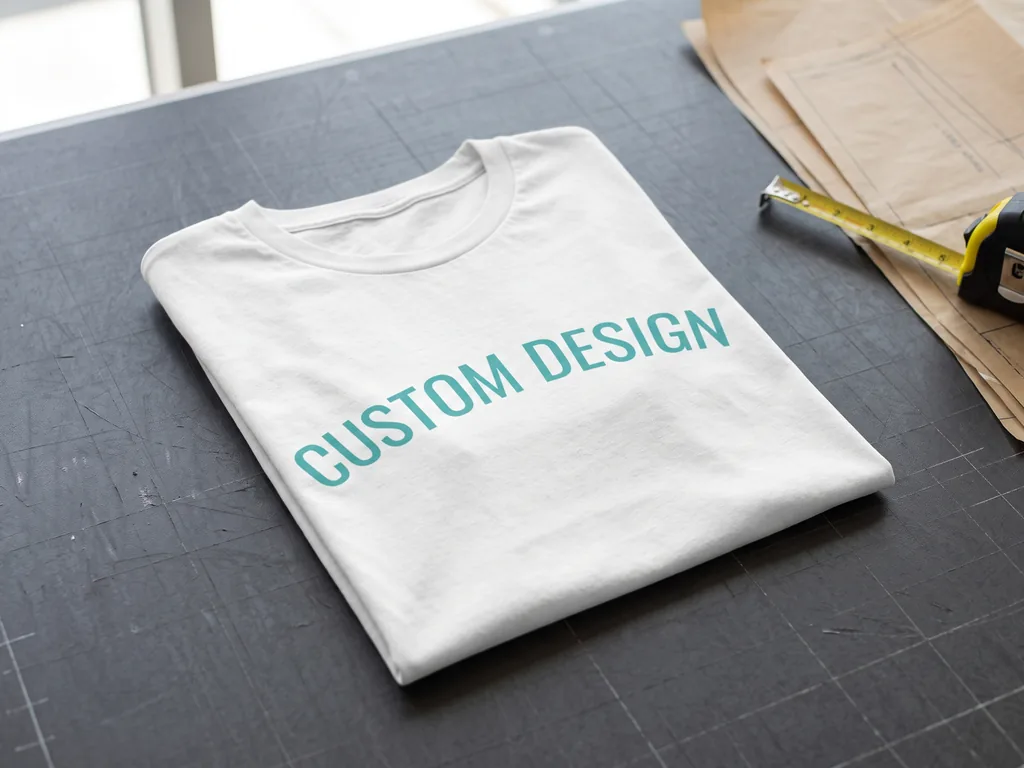 Folded classic fit white cotton t-shirt on a cutting mat beside pattern paper and a tape measure during t shirts manufacturing
