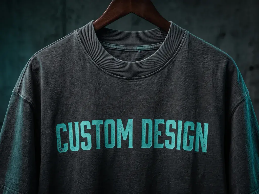 Heavyweight garment dyed charcoal t-shirt on a hanger with a wide ribbed collar and washed cotton texture