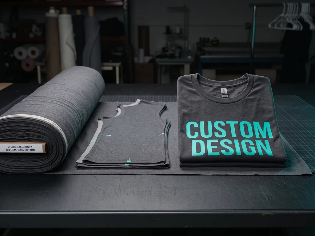 Charcoal cotton jersey roll, cut t-shirt panels and a finished folded tee at a t shirt manufacturer cutting table in Sialkot