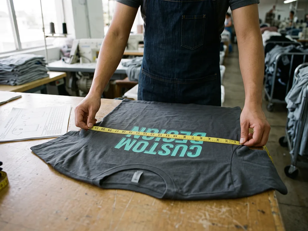 Worker measuring the chest width of a finished custom t-shirt against a tech pack on the factory inspection table