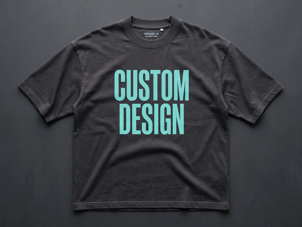 Oversized boxy heavyweight cotton t-shirt in charcoal, flat lay showing drop shoulder and ribbed collar from a custom t shirt manufacturer