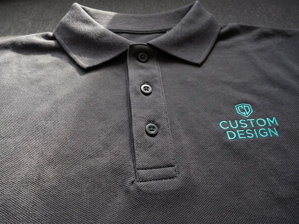 Charcoal piqué polo shirt close up showing the buttoned placket, knitted collar and embroidered chest logo