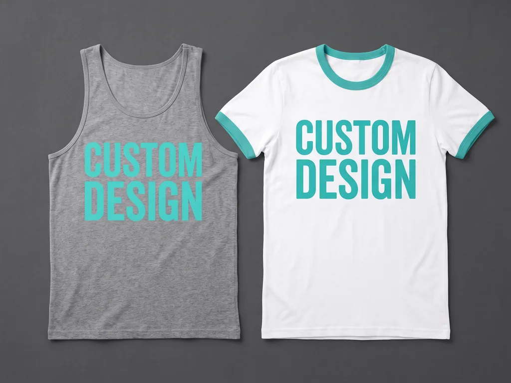 Grey cotton tank top and white contrast ringer t-shirt laid side by side with teal collar and sleeve trims