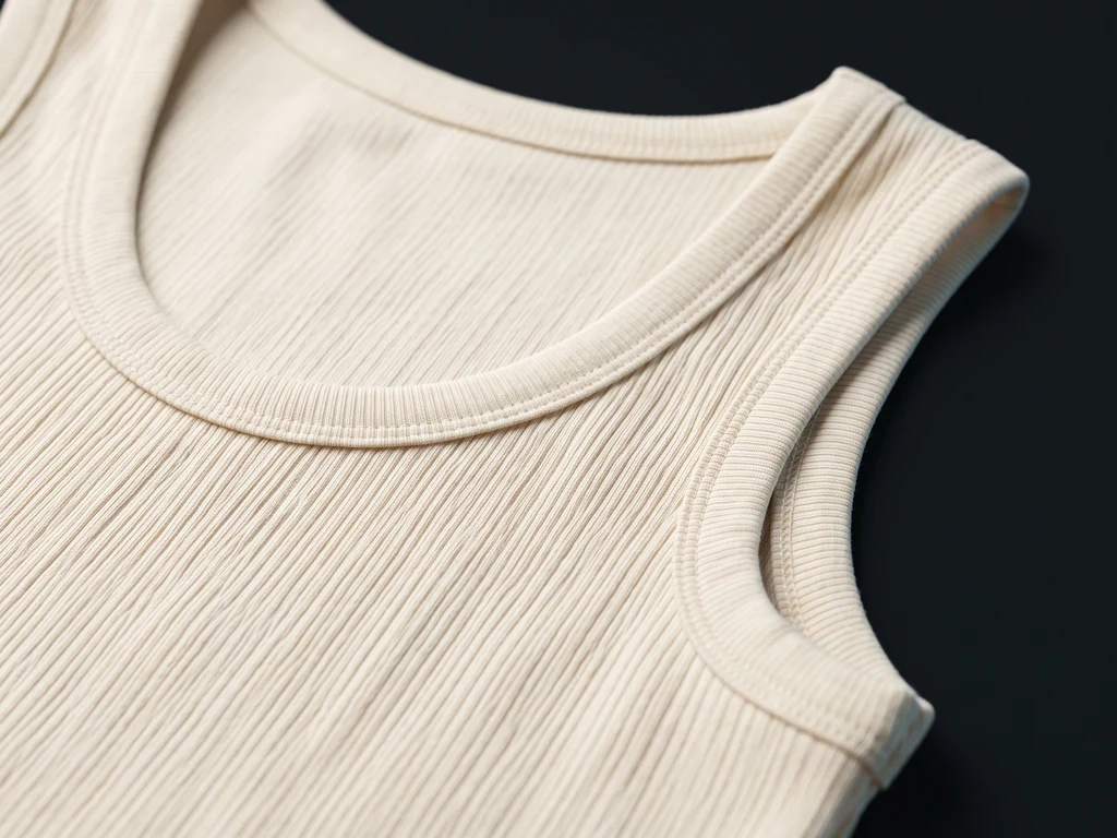 Ribbed cotton-elastane tank top showing self-fabric binding at the neckline and armhole