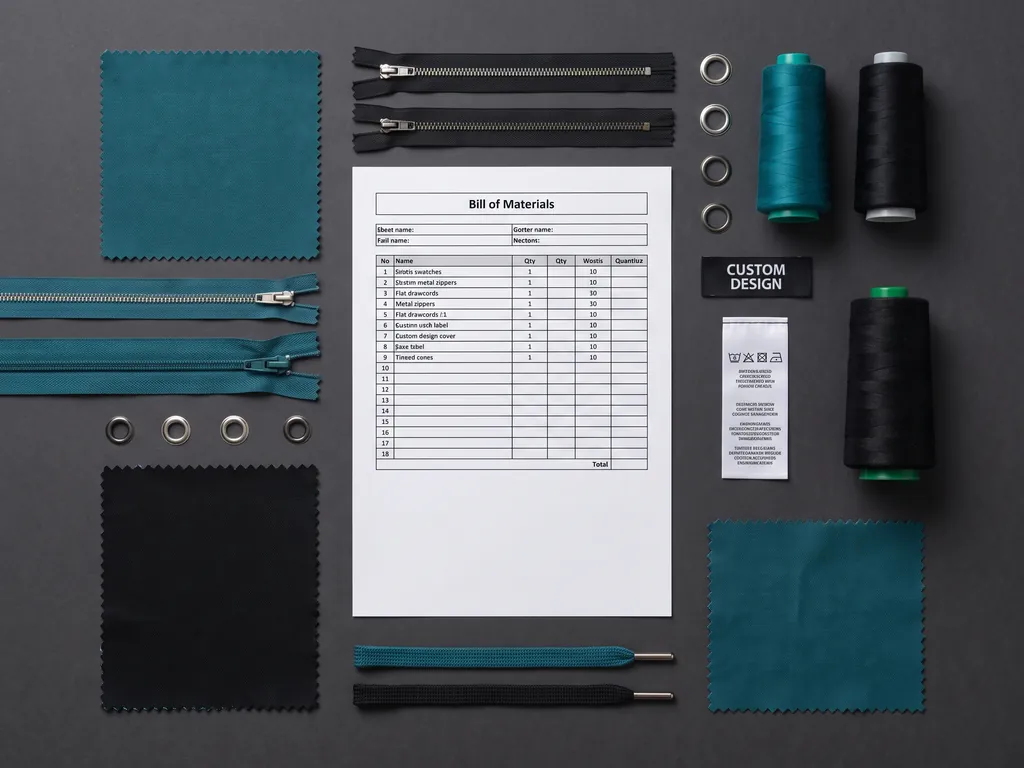 Bill of materials laid out with fabric swatches, zips, drawcords and a CUSTOM DESIGN woven label