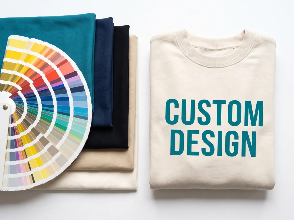 Pantone swatch fan over dyed fabric and a sweatshirt printed CUSTOM DESIGN for colorway matching