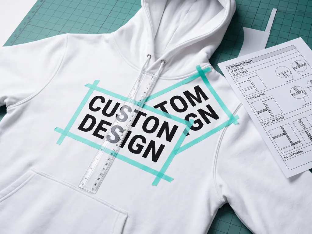 Garment spec sheet design showing seam details and CUSTOM DESIGN artwork placement measured from the collar