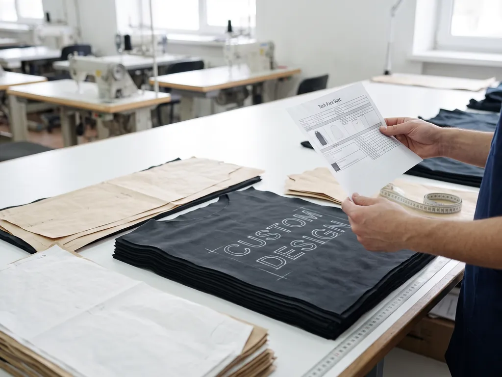 Fashion tech pack designer checking a spec sheet against cut panels on the cutting table, CUSTOM DESIGN pattern visible