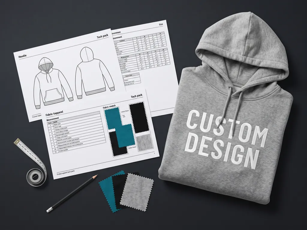 Printed tech pack pages with flat sketches, spec sheet and fabric swatches beside a hoodie marked CUSTOM DESIGN, prepared by Jafsu tech pack services