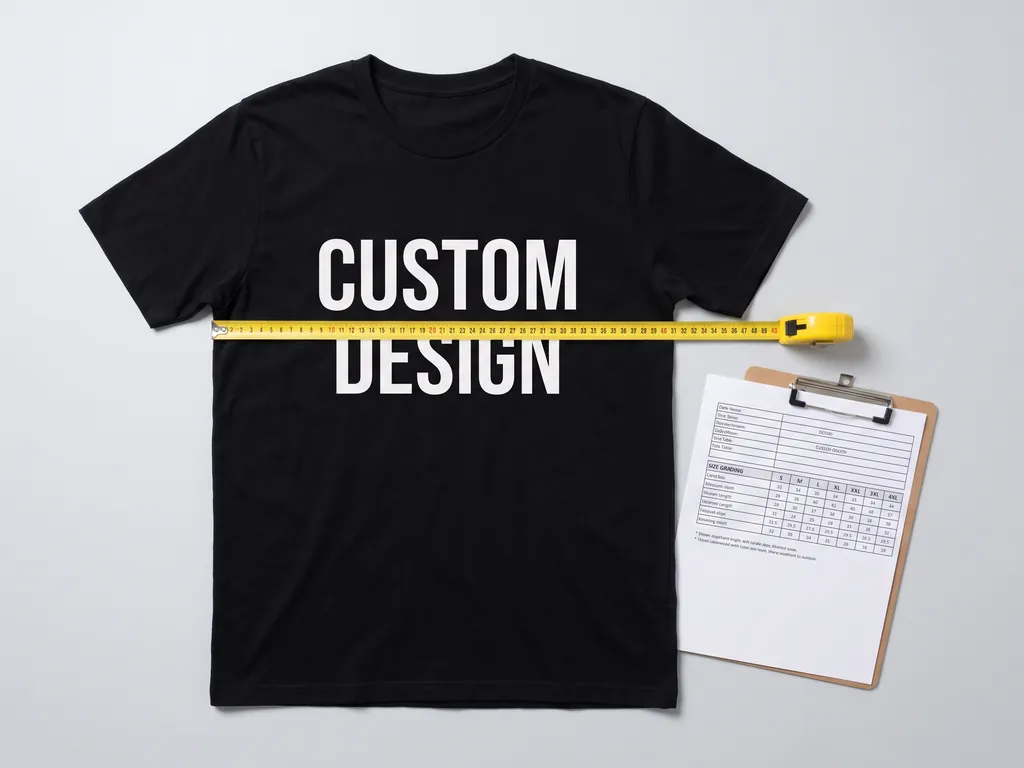 Measurement spec sheet and size grading chart beside a tape measure and a tee printed CUSTOM DESIGN