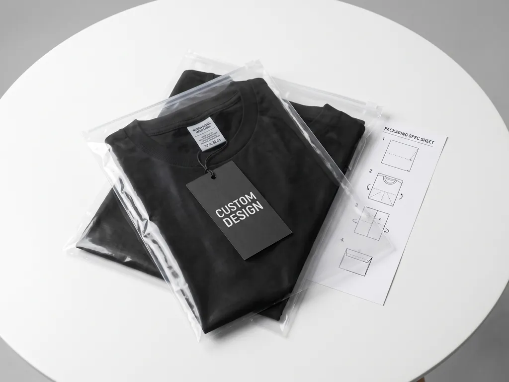 Folded tee in a poly bag with neck label, care label and a CUSTOM DESIGN hangtag showing packaging and labeling specs