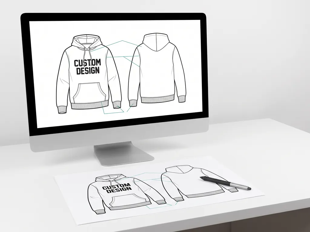 Vector flat sketches of a hoodie front and back with stitch callouts and a CUSTOM DESIGN chest graphic