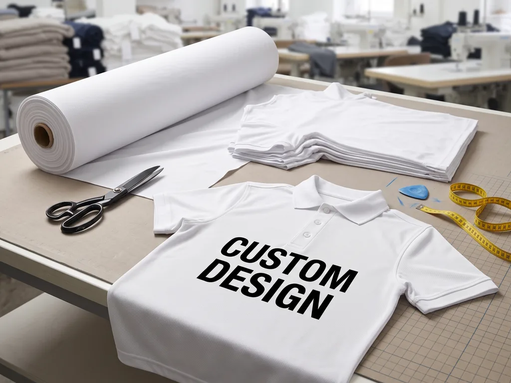 Performance fabric roll, cut panels and a finished custom tennis polo showing what a tennis uniform manufacturer builds from scratch