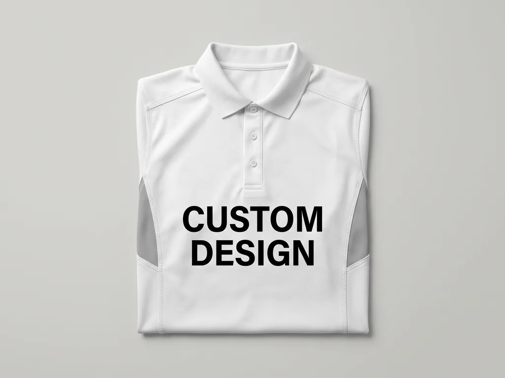 Custom white tennis polo shirt with a bold CUSTOM DESIGN chest print, made by a tennis uniform manufacturer