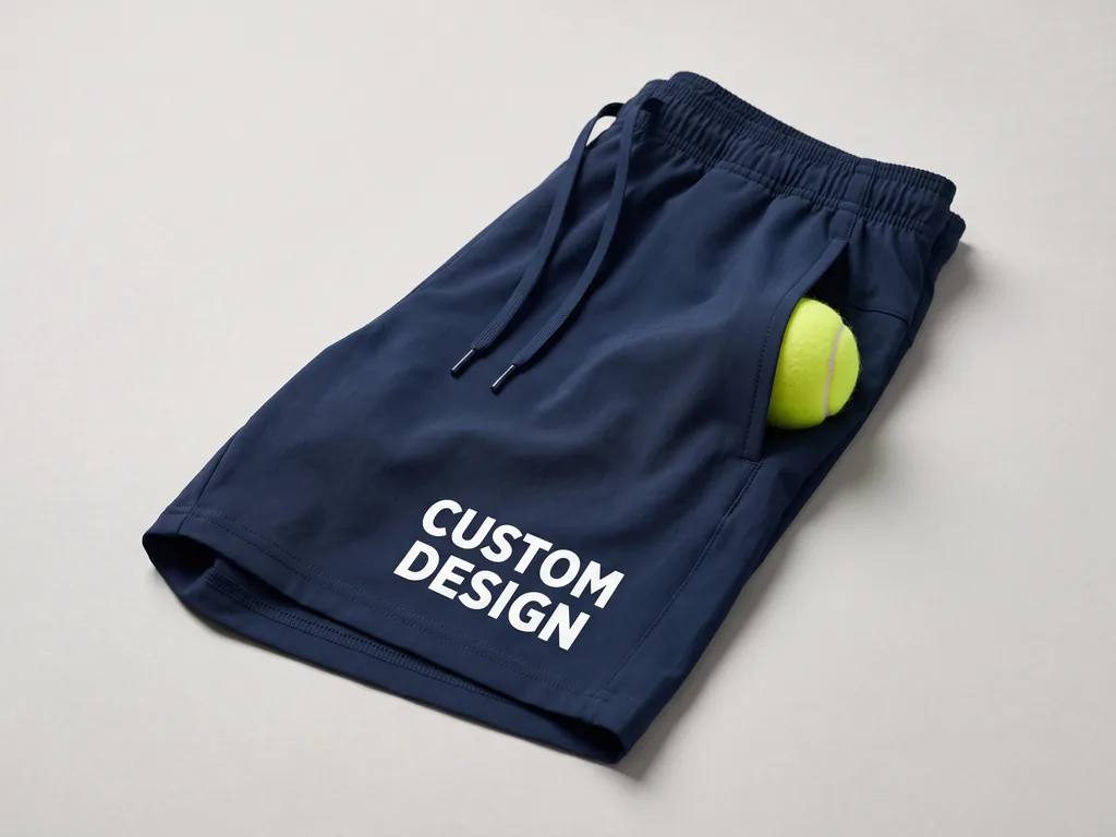 Custom stretch-woven tennis shorts with deep ball pockets and a bold CUSTOM DESIGN leg print, folded flat