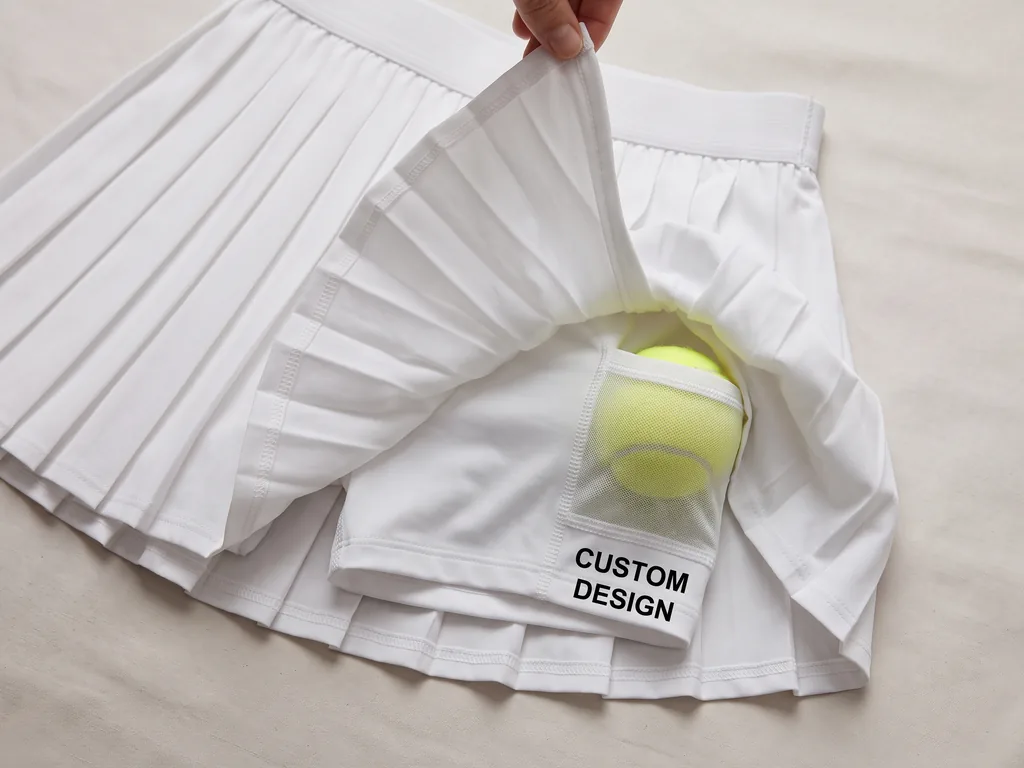 Pleated custom tennis skort with an inner ball short and a bold CUSTOM DESIGN print on the hem, folded flat