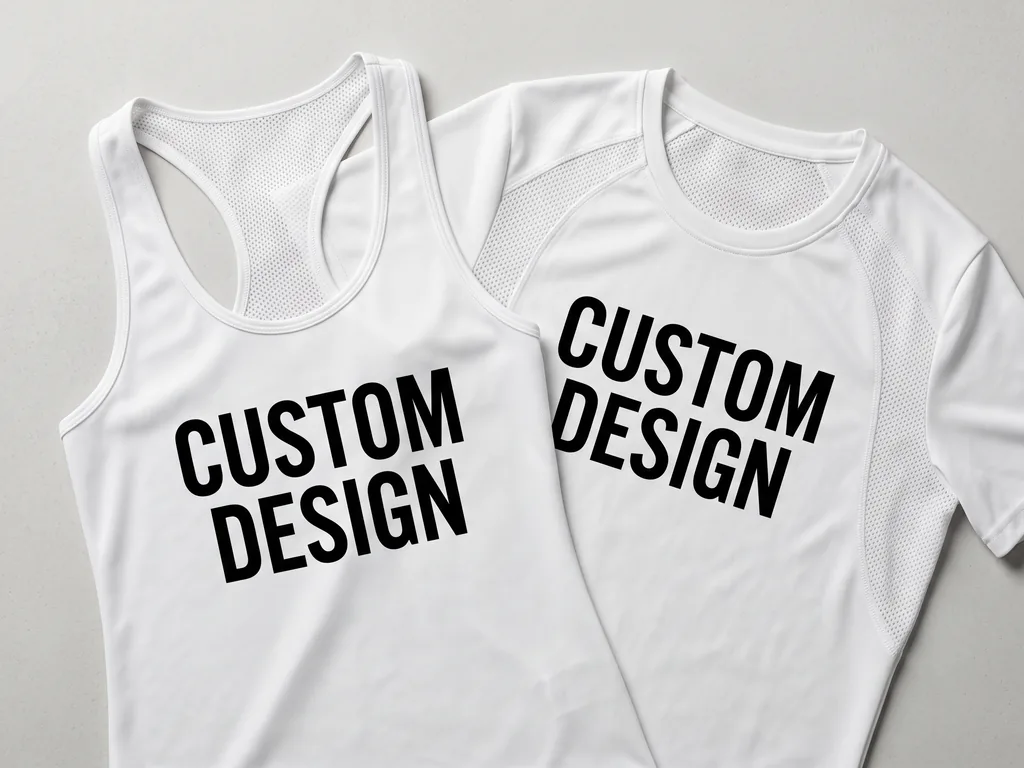 Custom racerback tennis tank and mesh-panel training tee with a bold CUSTOM DESIGN chest print